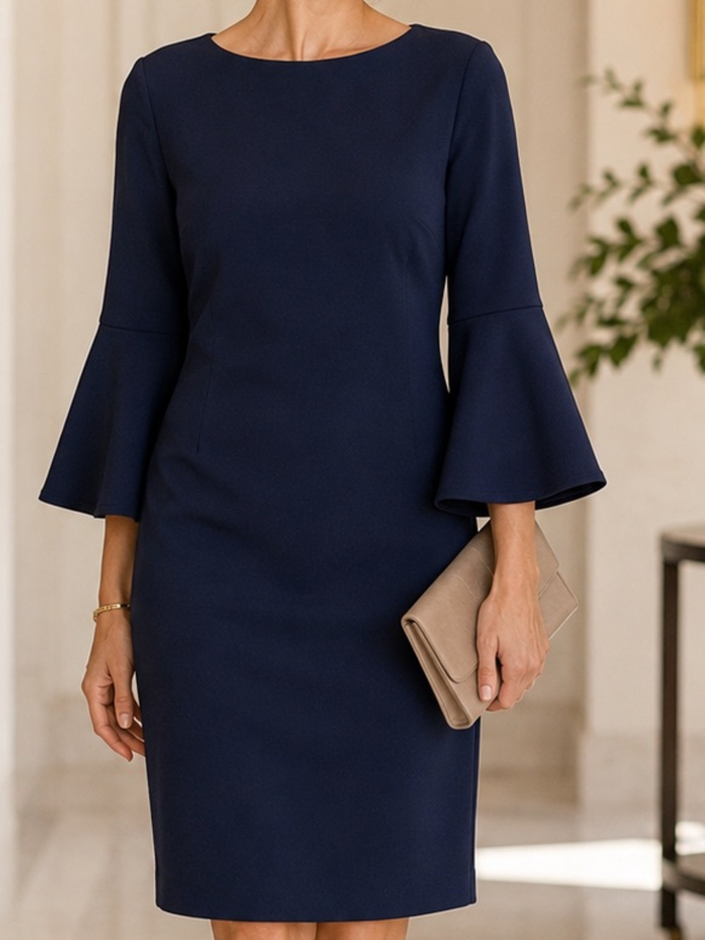Calvin Klein Navy Bell Sleeve Sheath Dress | Gold Zip Back, size 6, never worn